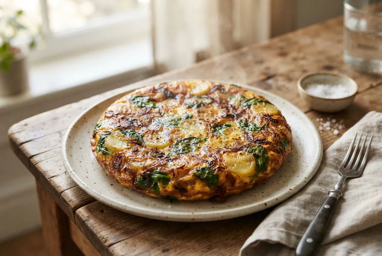 Tortilla de espinaca y papa con cebolla caramelizada