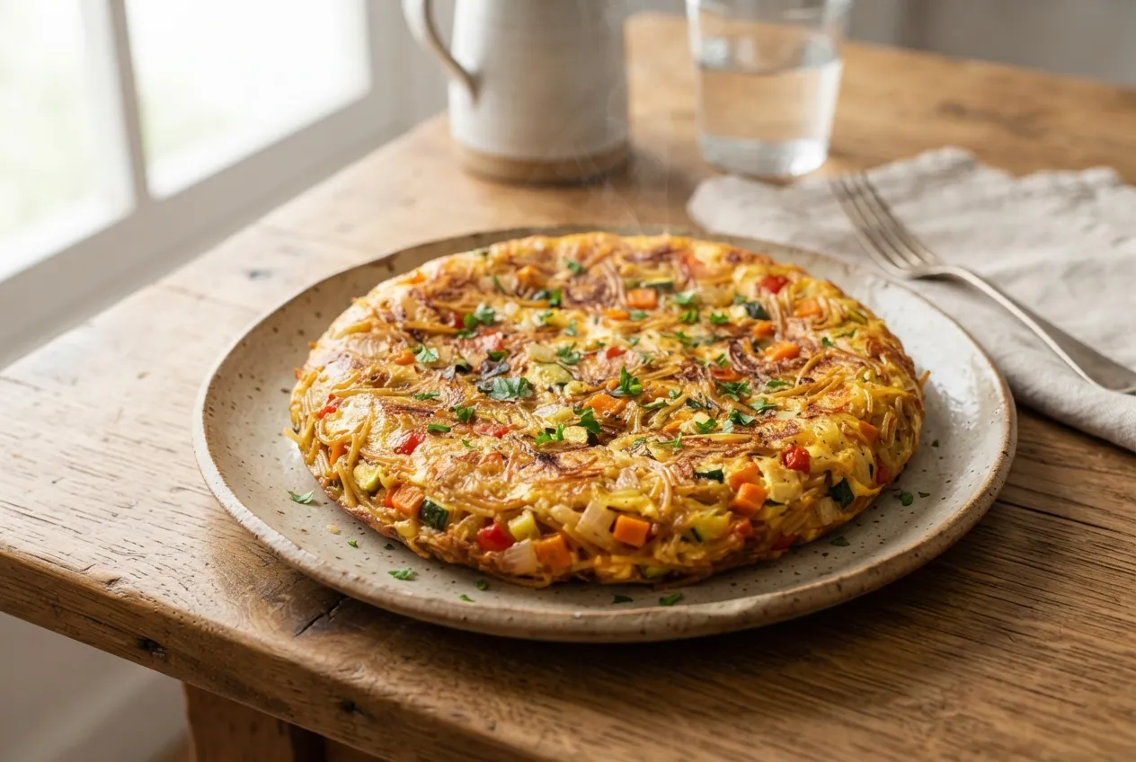 Tortilla de fideos con verduras mixtas