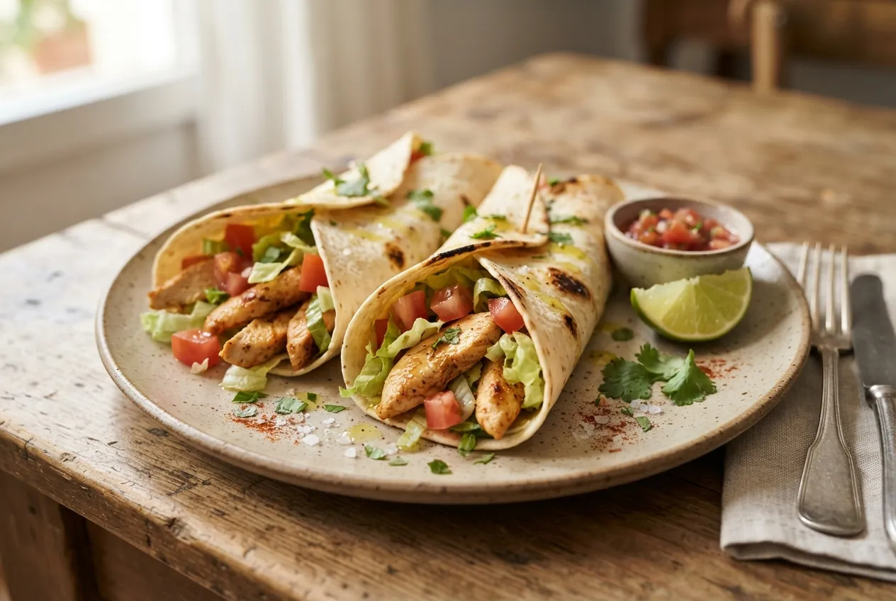Tortillas de harina rellenas de pollo, lechuga y tomate