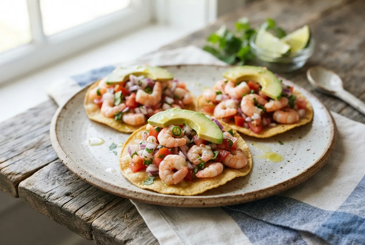 Tostadas de ceviche de camarón con aguacate y limón