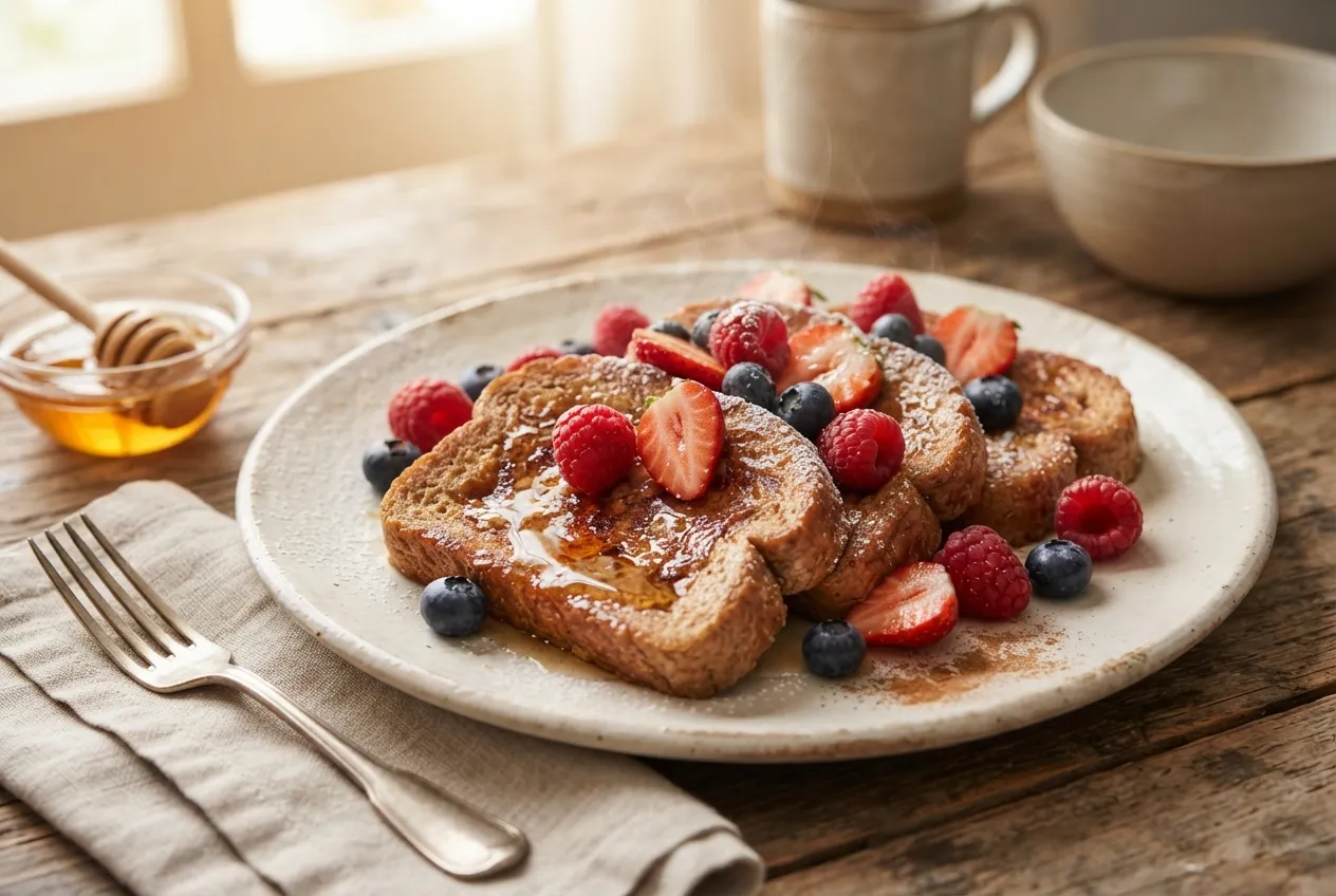 Tostadas francesas integrales con frutas y miel