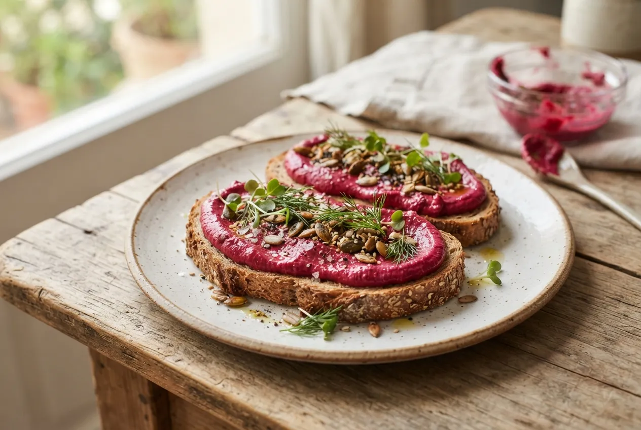 Tostadas integrales con hummus de remolacha y semillas