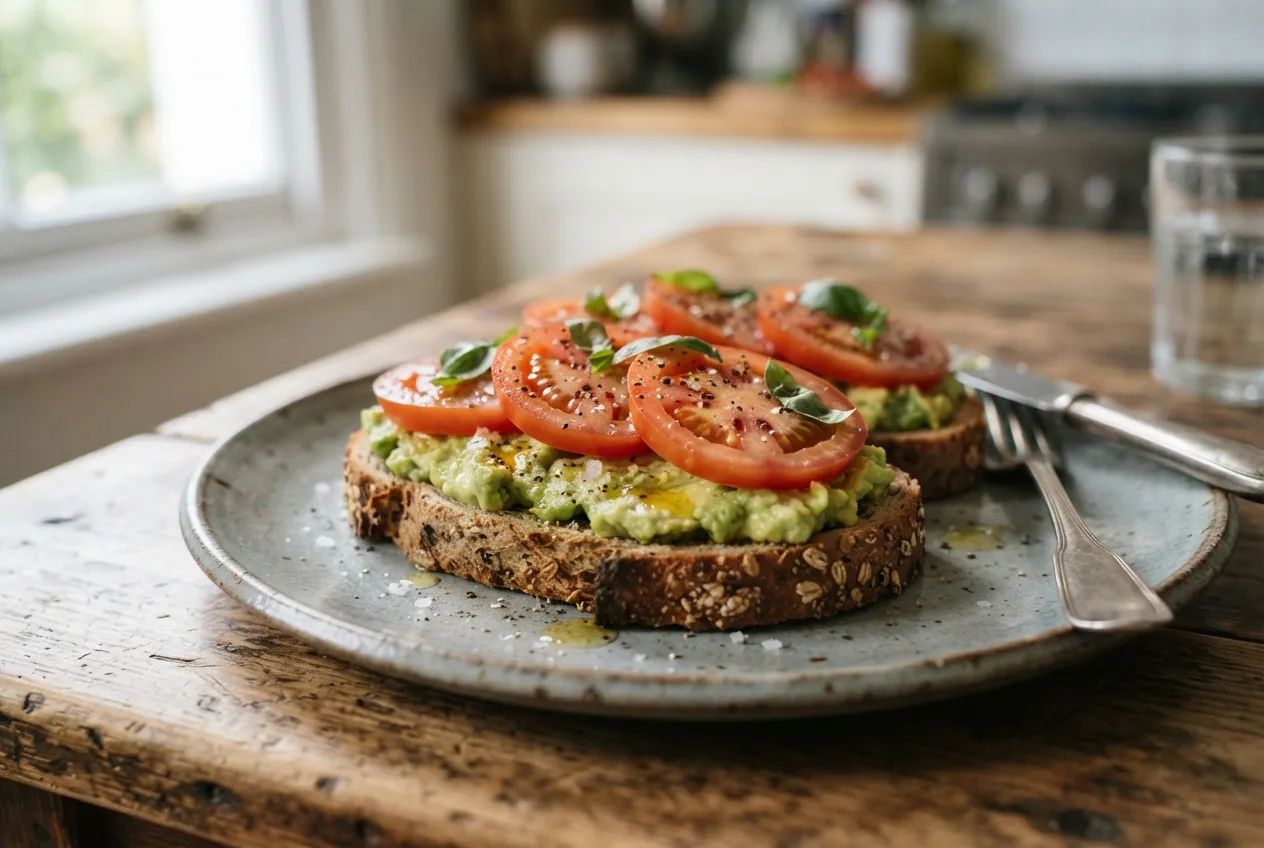 Tostadas integrales con palta y tomate en rodajas