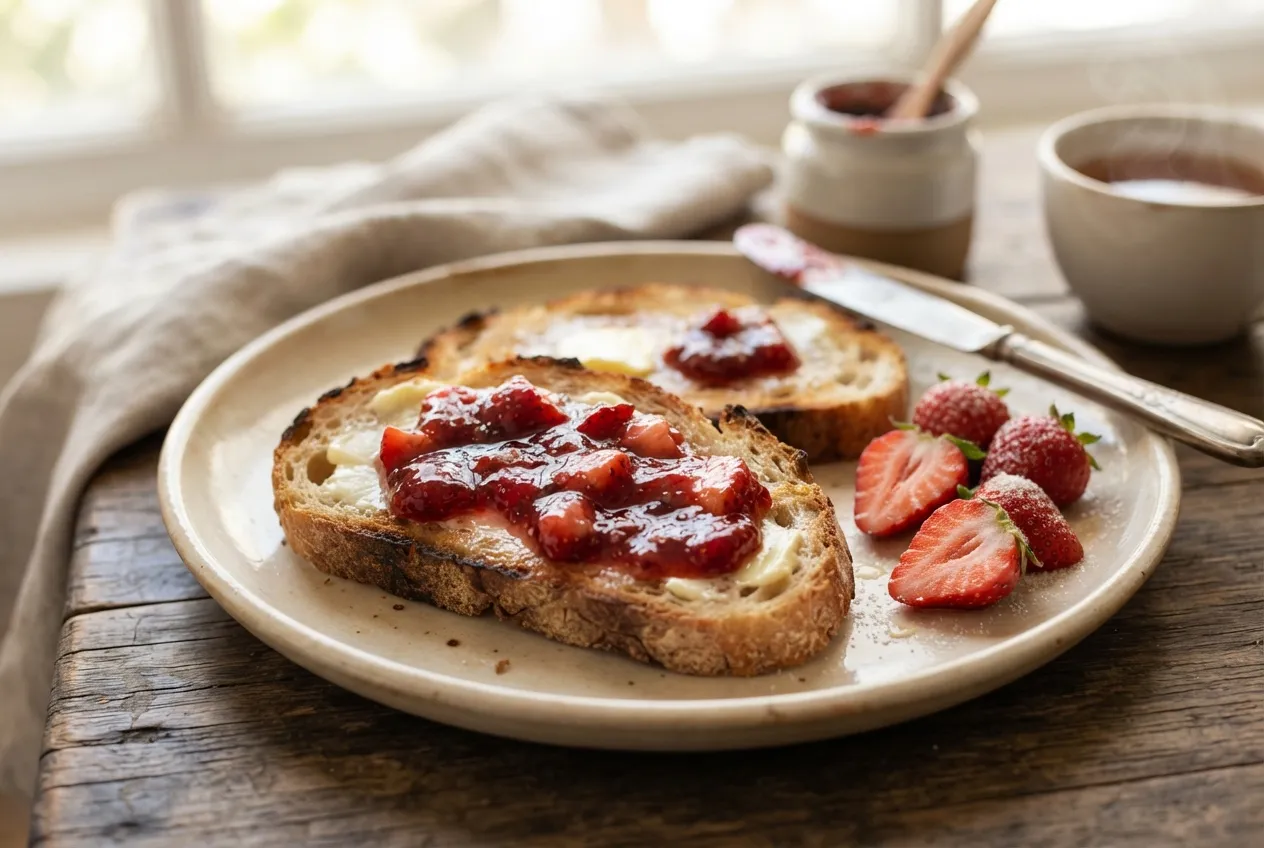 Tostadas con manteca y mermelada de frutilla casera