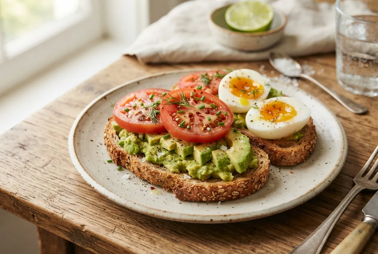 Tostadas con palta, tomate y huevo duro para merendar