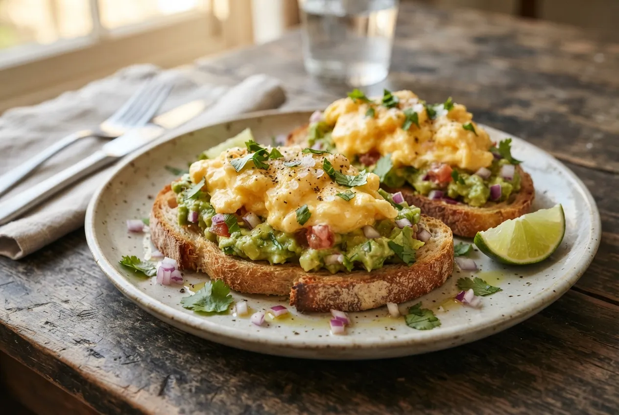 Tostadas de pan casero con guacamole y huevo revuelto para la cena
