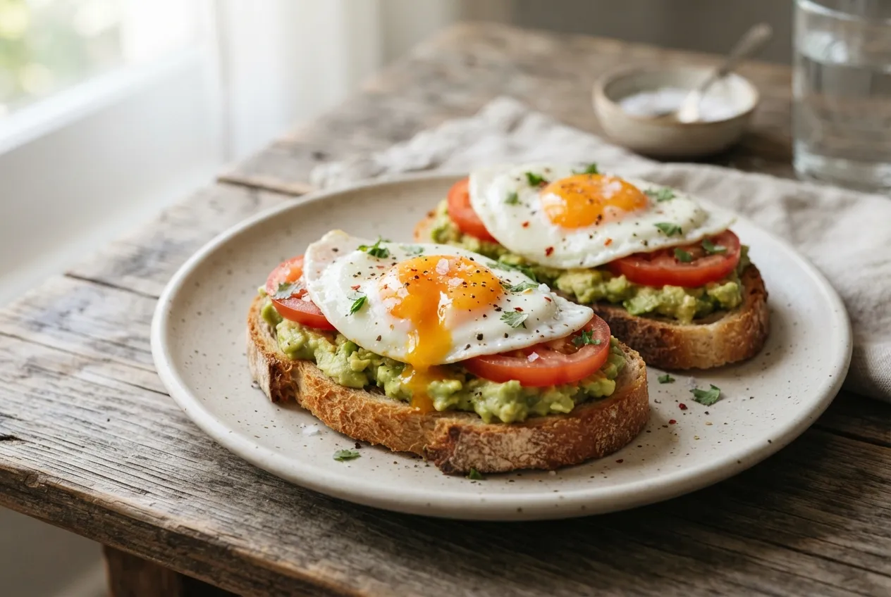 Tostadas de pan casero con palta, tomate y huevo para el desayuno