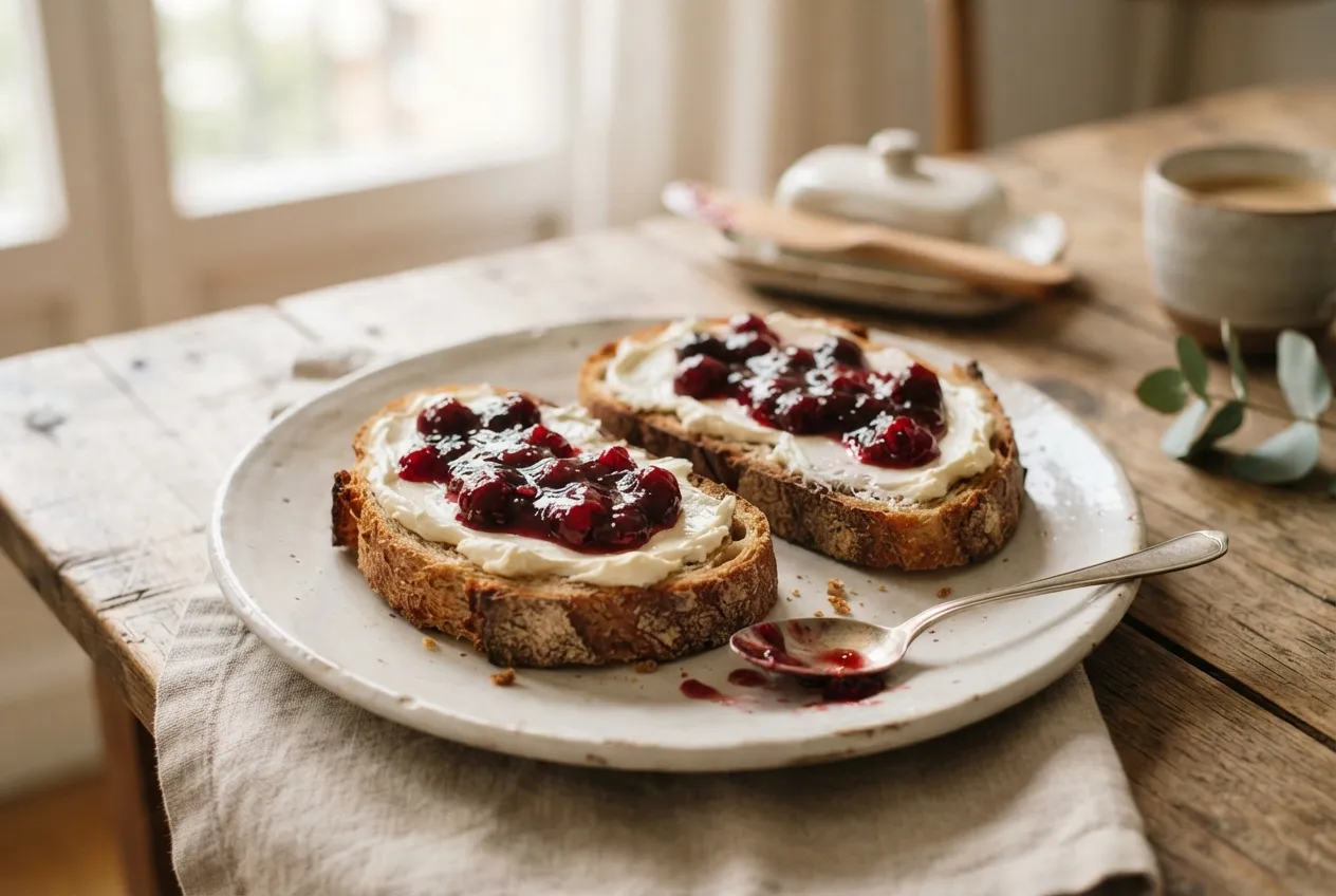 Tostadas de pan casero con queso crema y mermelada