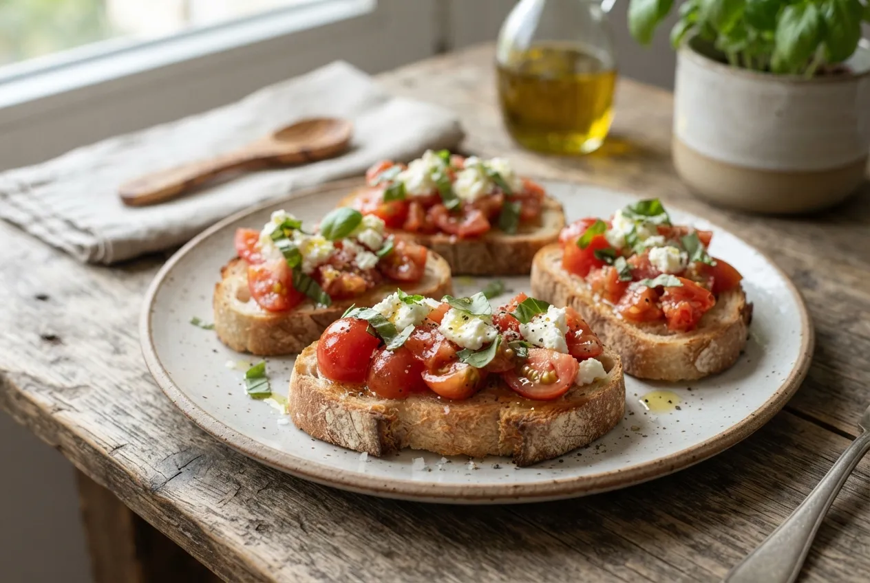 Tostadas de pan casero con tomate, albahaca y queso de cabra