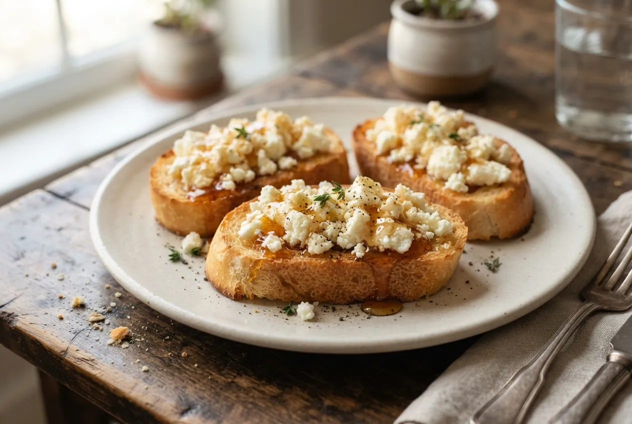 Tostadas de pan con queso fresco y miel de caña