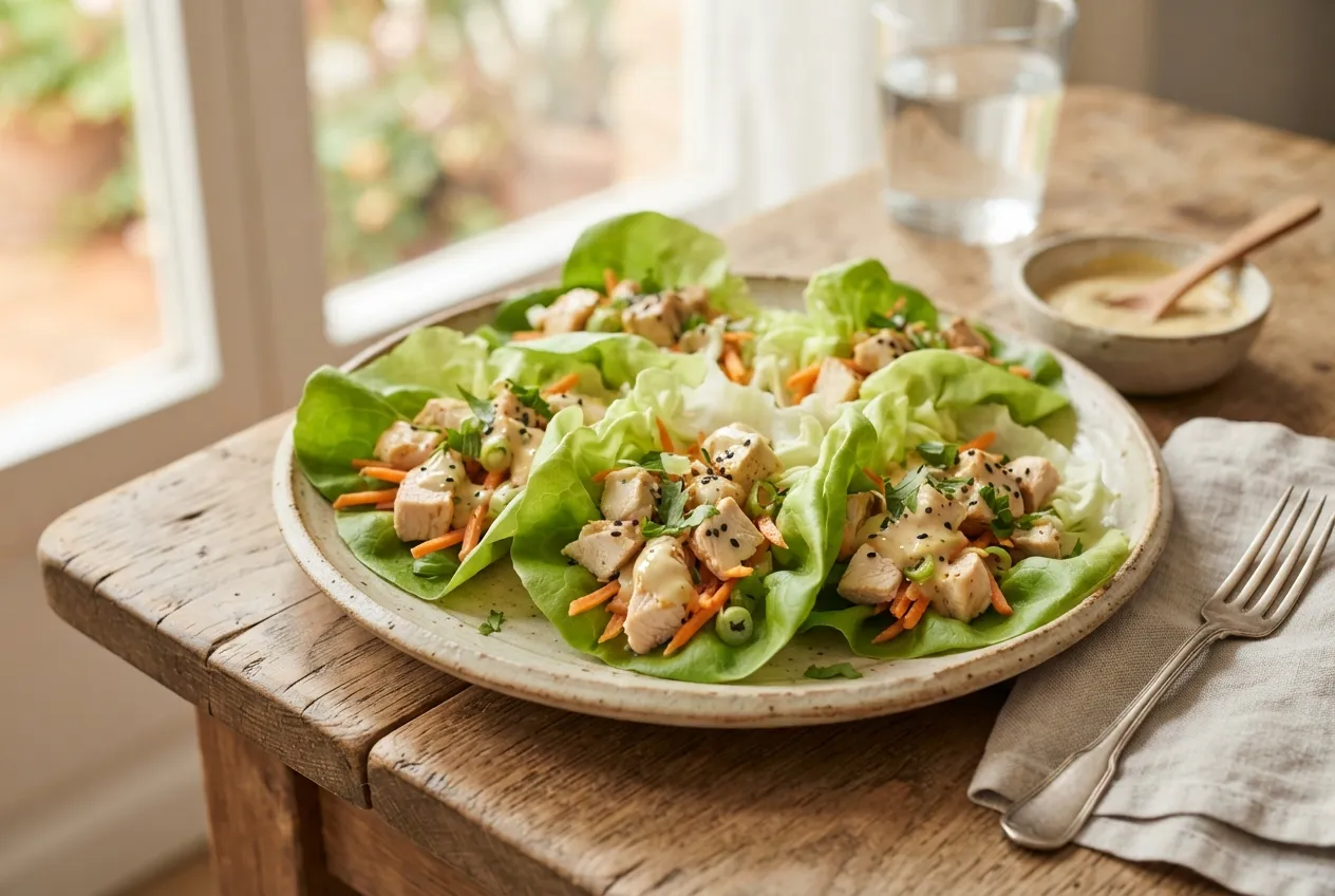 Wraps de lechuga con pollo, zanahoria y salsa ligera